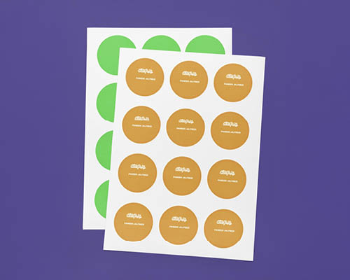 Brown circular labels on a purple background